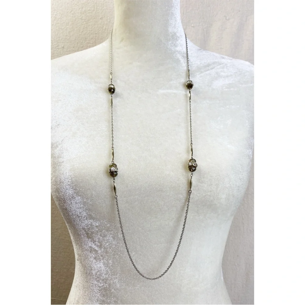 Loft Long necklace Silvertone chain bar links, faceted glass beads rhinestones